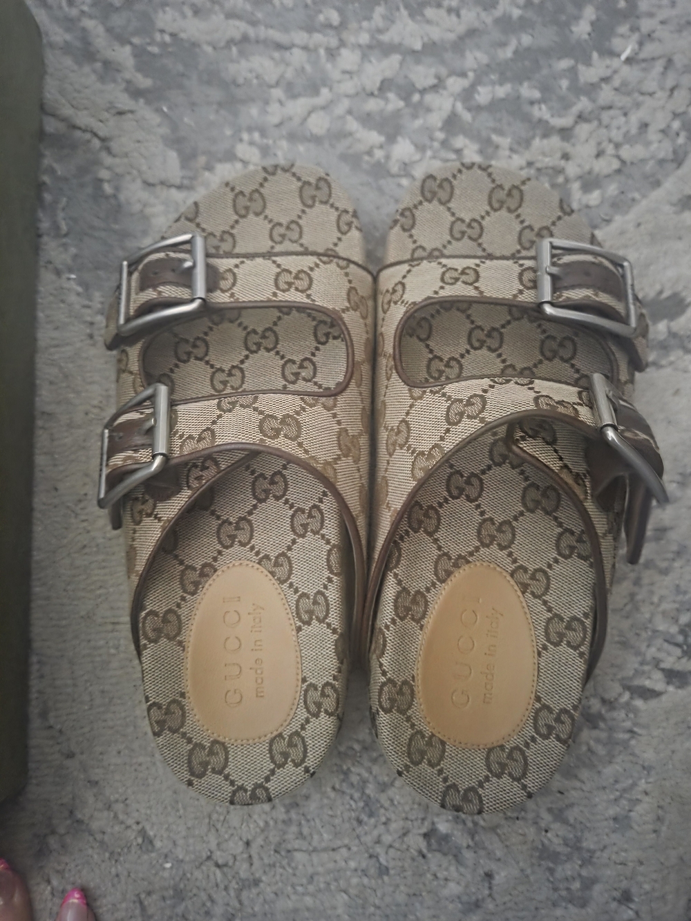 Gucci Brown-Beige Monogram Double Buckle Slide Sandals - Picture 1 of 5